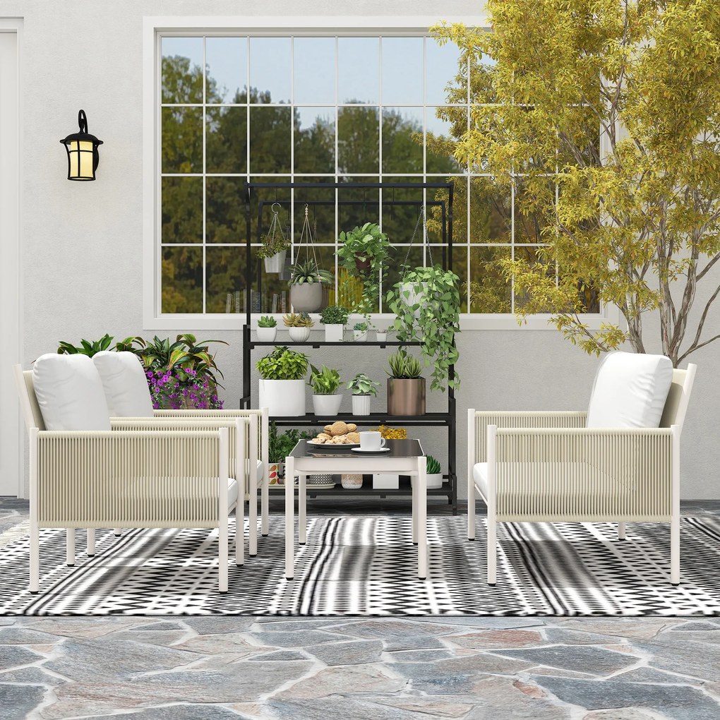 Outsunny Set mobilier de grădină din poliratan Set lounge cu canapea dublă scaun masă de sticlă perne 4 persoane Maro+Gri | Aosom Romania