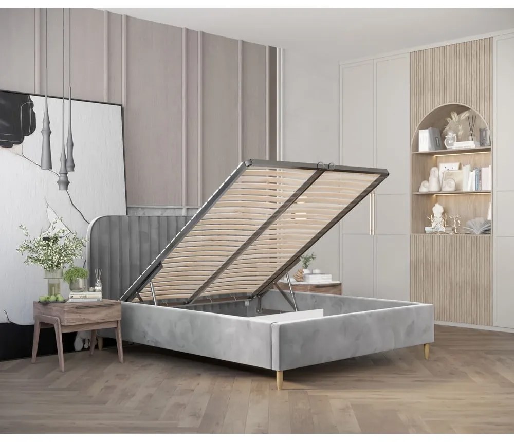 Pat matrimonial gri tapițat cu spațiu de depozitare cu somieră 160x200 cm Noto – Maison de Rêve