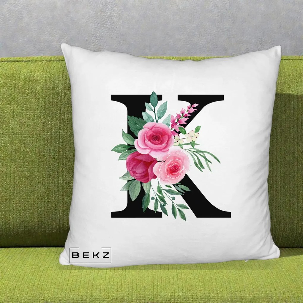 Cadou Personalizat - Perna Personalizata Monograma Florala Litera K, 40x40 cm, Alb Pufos, Husa Detasabila, Perna Inclusa, BEKZ®