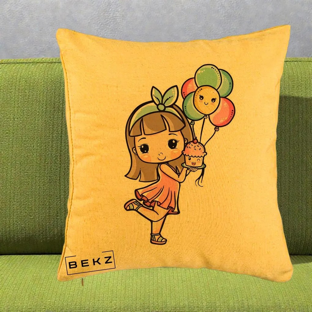 Perna Decorativa Fetita Kawaii cu Baloane si Cupcake, 40x40 cm, Galben, Husa Detasabila, Perna Inclusa, BEKZ®