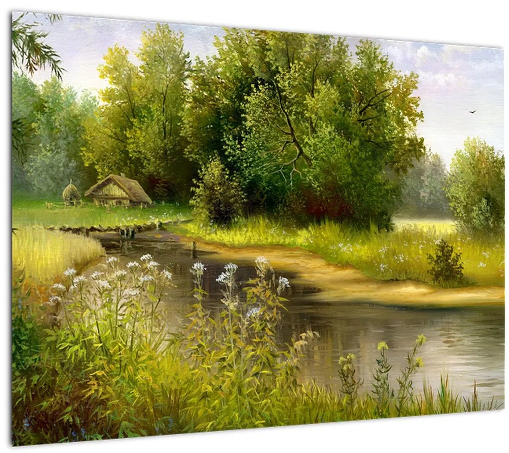 Tablou pe sticlă - Râu lângă pădure, pictură în ulei (70x50 cm)