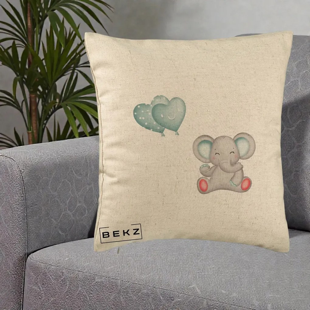 Perna Decorativa, Model Elefant si baloane in forma de inimioare, 40x40 cm, Bej, Husa Detasabila, Perna Inclusa, BEKZ®