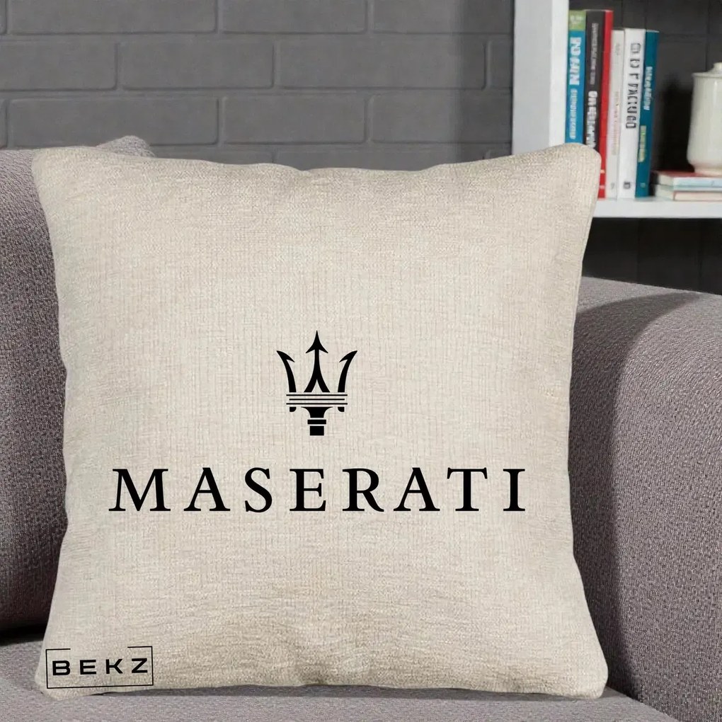 Perna Personalizata cu emblema Maserati, 40x40 cm, Bej Canapea, Husa Detasabila, Perna Inclusa, BEKZ®