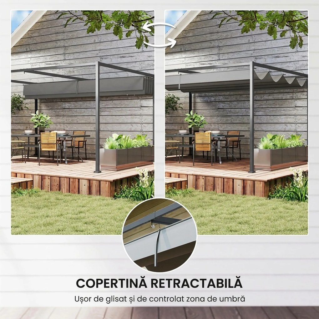 Outsunny Pergolă Gazebo 4x3 m cu Acoperiș Retractabil, Orificii de Drenaj, Țepușe și Șuruburi, Pergolă pentru Grădină din Poliester și Metal, Gri Închis | Aosom Romania