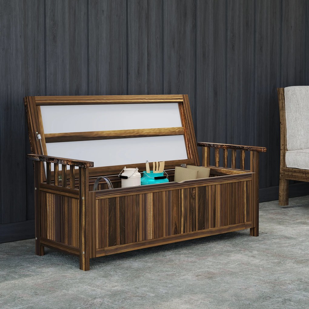 Outsunny Bancă de grădină cu 2 locuri din lemn, rezistentă la intemperii, mobilier de grădină cu spațiu de depozitare și brațe 128,5 x 56 x 53,5cm, Verkohlt | Aosom Romania