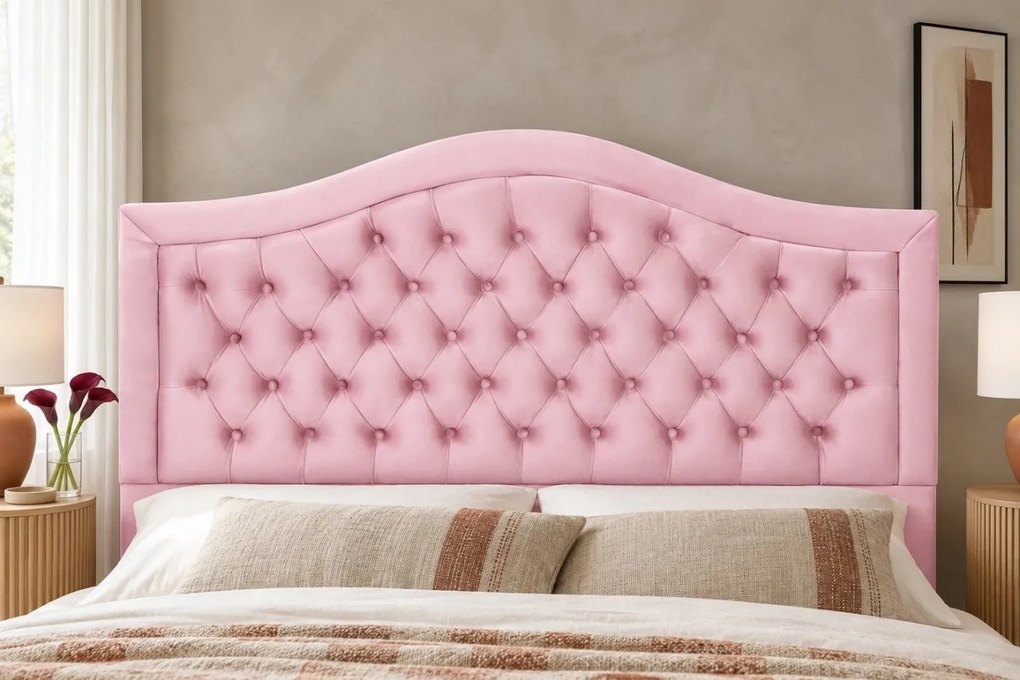 Pat tapițat Chesterfield din catifea Solaria Deluxe 160×200 cm, roz, cu ladă de depozitare