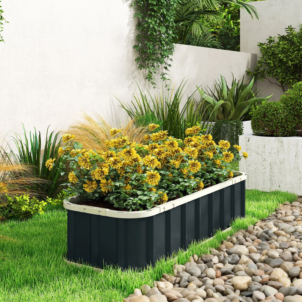 Outsunny Pat Ridicat de Grădină pentru Exterior cu Bază Deschisă, Mănuși, Margini Pliate, Ghiveci în Oțel Galvanizat pentru Plante, Flori, Legume Balcon Grădină, 136x52x31 cm, Gri Închis | Aosom Romania