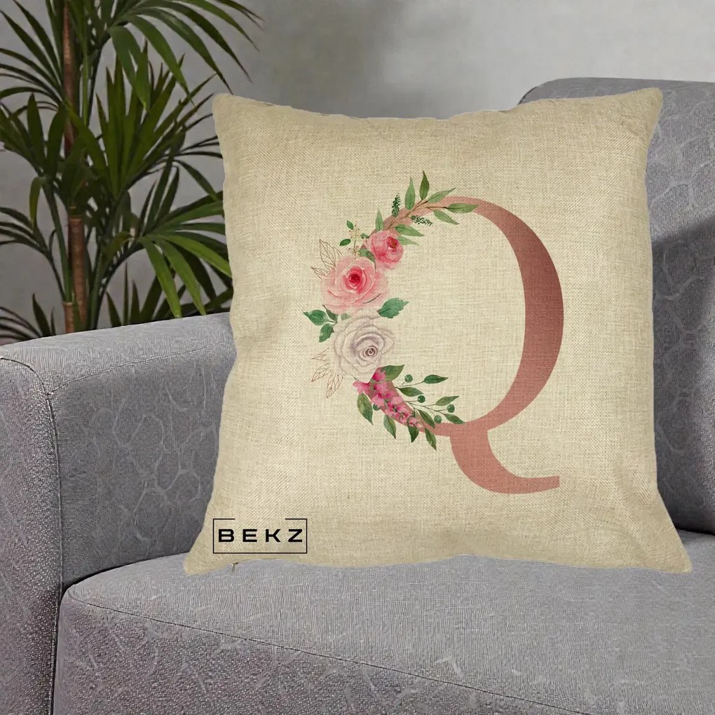 Cadou Personalizat - Perna Personalizata Monograma Rose Gold Litera Q, 40x40 cm, Crem, Husa Detasabila, Perna Inclusa, BEKZ®