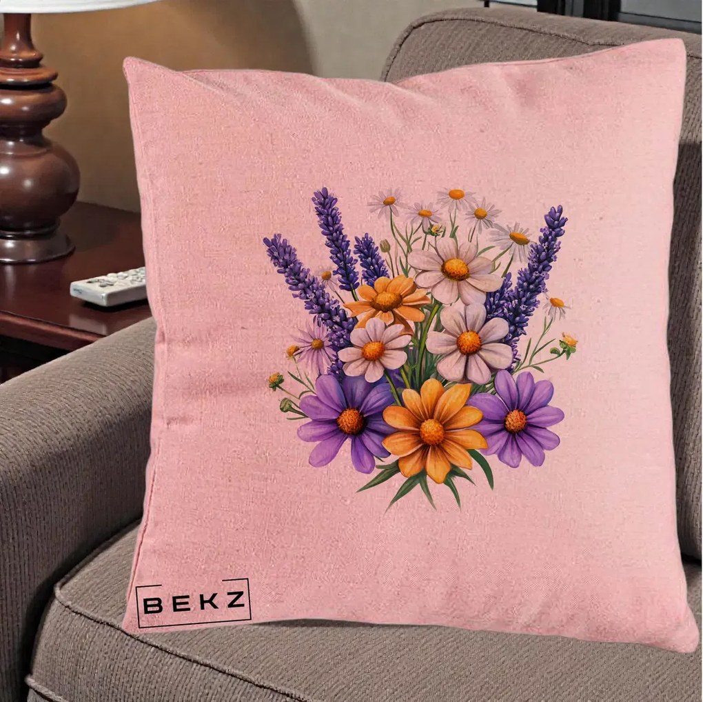 Perna Decorativa Lavanda Musetel si Flori Mov, 40x40 cm, Roz, Husa Detasabila, Perna Inclusa, BEKZ®