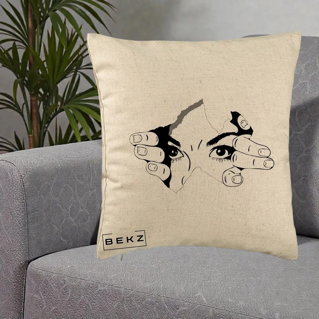 Perna Decorativa Ochi care Rup Suprafata, 40x40 cm, Bej, Husa Detasabila, Perna Inclusa, BEKZ®