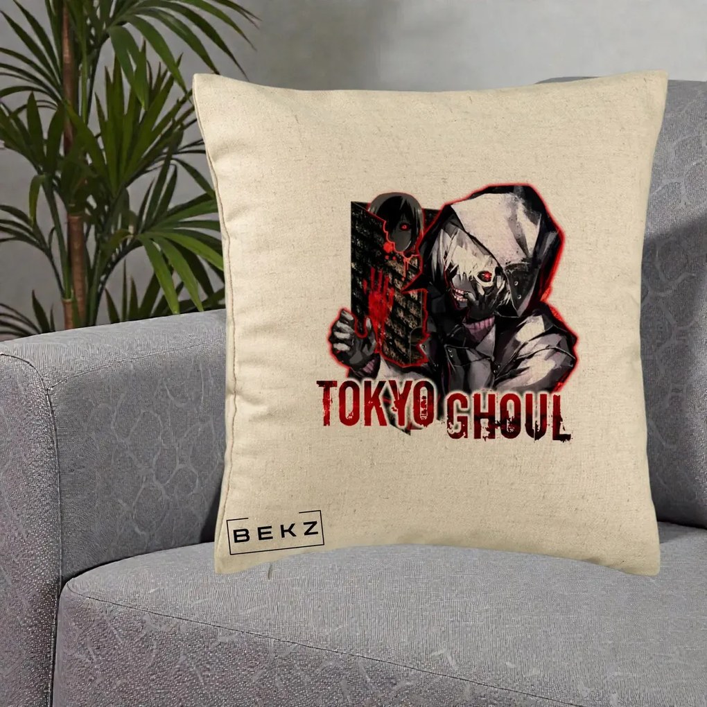 Perna Personalizata Tokyo Ghoul Ken Kaneki Anime, 40x40 cm, Bej, Husa Detasabila, Perna Inclusa, BEKZ®