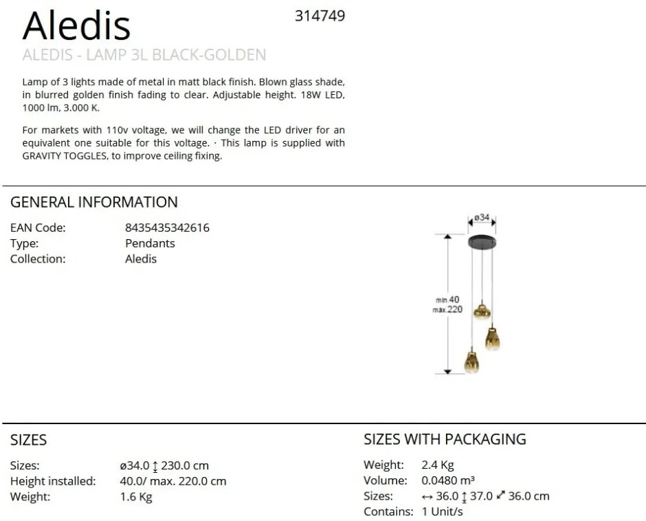 Lustra cu 3 pendule LED design modern Aledis negru/ auriu