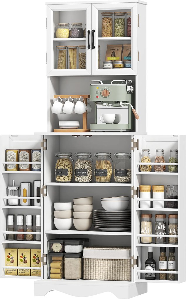 HOMCOM Bufet înalt bucătărie dulap de bucătărie 4 uși 8 suporturi condimente blat raft reglabil 60x39,5x179,6cm alb | Aosom Romania