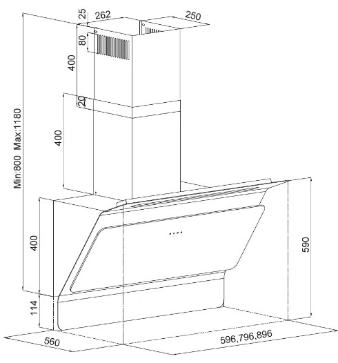 Hota decorativa Pyramis 3445, putere de absorbtie 624mc h, 1 motor cu turbina, 60cm, touch control, finisaj sticla neagra si metal vopsit