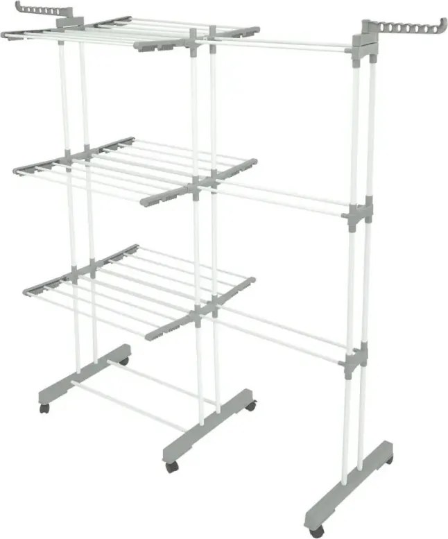 Uscător de rufe Kinghoff KH 2044, 30 m, până la 30 kg, 3 niveluri, roți, oțel, alb/gri