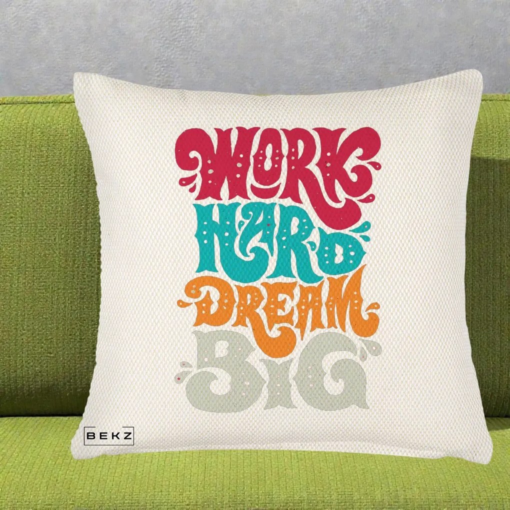 Perna Decorativa Work Hard Dream Big Retro, 40x40 cm, Crem Reliefat, Husa Detasabila, Perna Inclusa, BEKZ®