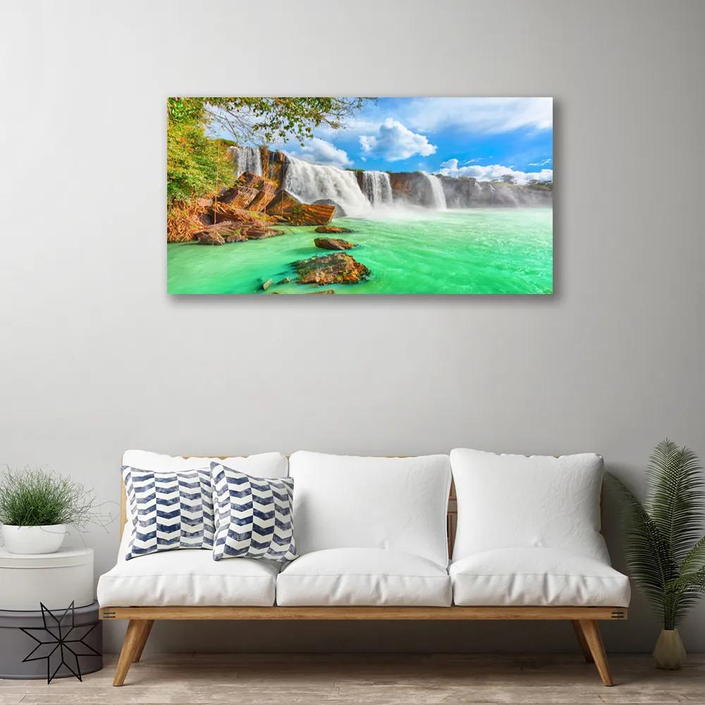 Tablou pe panza canvas Cascada Lacul Peisaj Albastru Maro Alb Verde