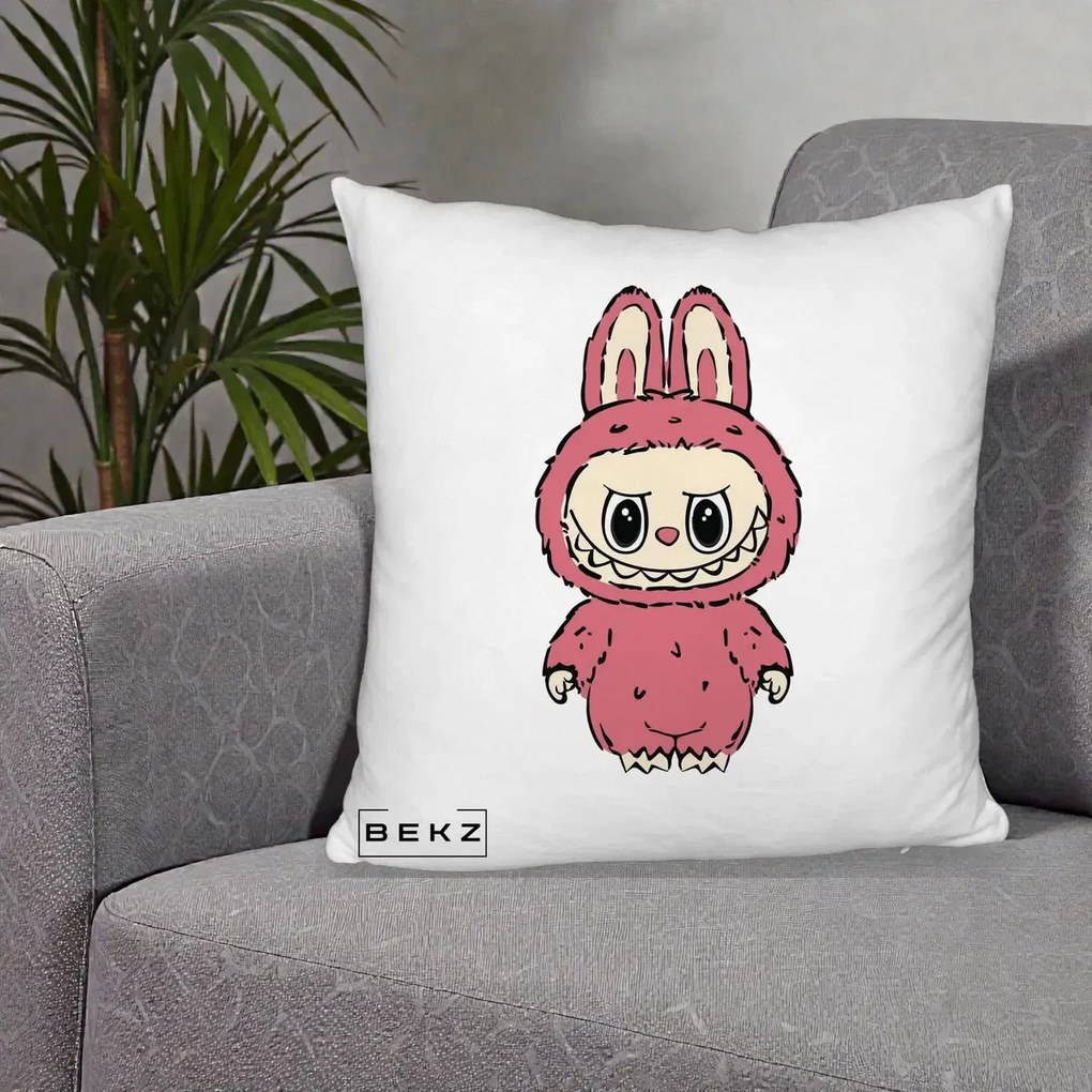 Perna Personalizata Labubu Roz Solo, 40x40 cm, Alb Pufos, Husa Detasabila, Perna Inclusa, BEKZ®
