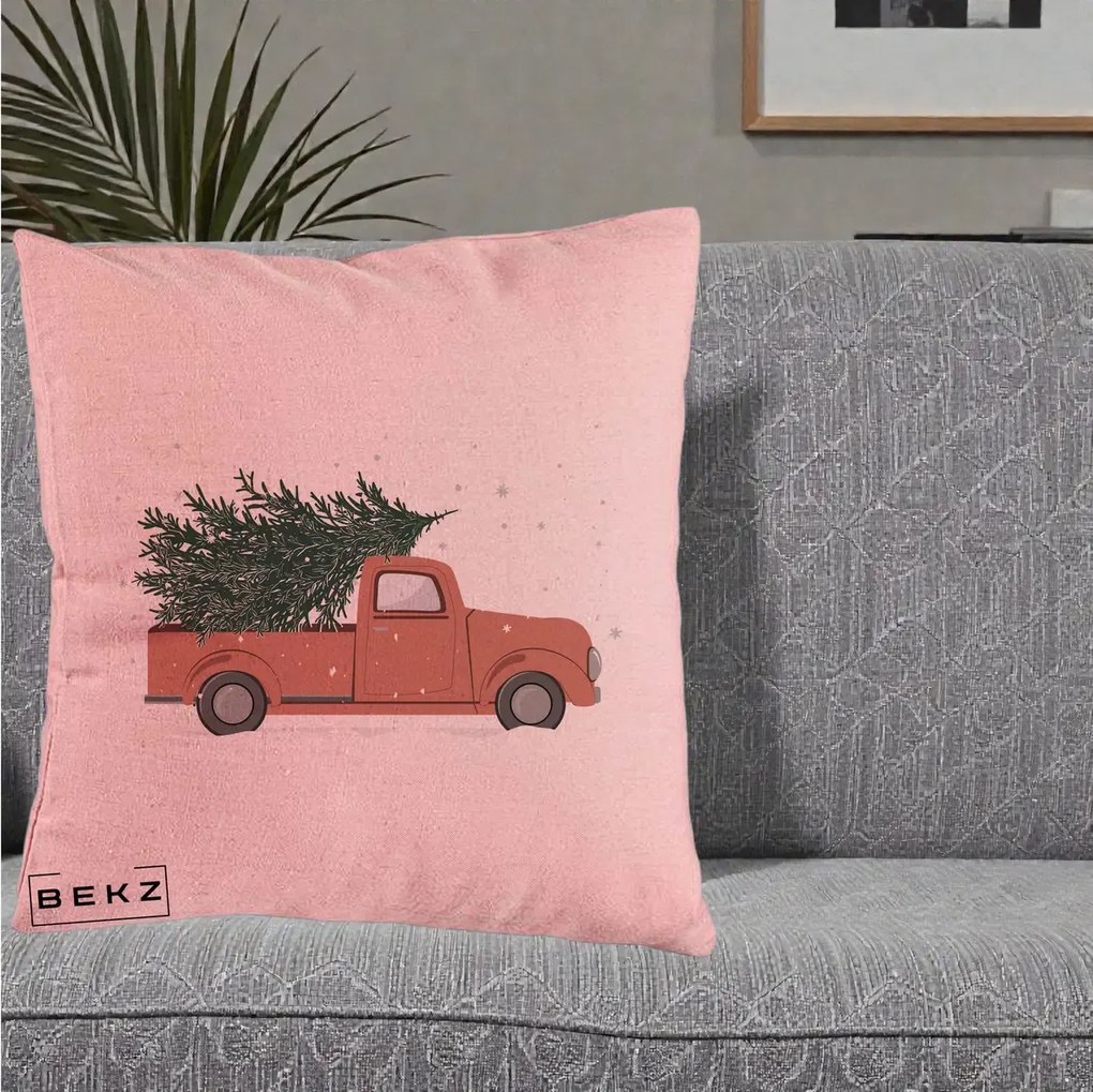 Perna Decorativa Camioneta Terracotta Brad de Craciun, 40x40 cm, Roz, Husa Detasabila, Perna Inclusa, BEKZ®