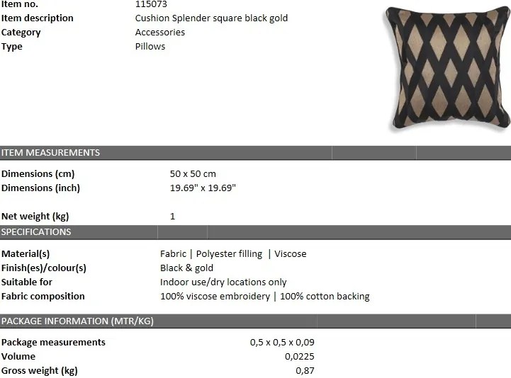 Perna decorativa LUX Splender 50x50cm, negru/ auriu