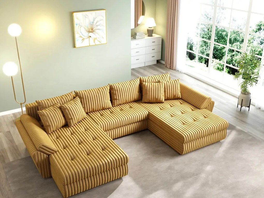 Colțar extensibil dumonde cu ladă de depozitare si sezut confortabil din spuma high-density, Loana U Ambience Mustar 355x185 cm