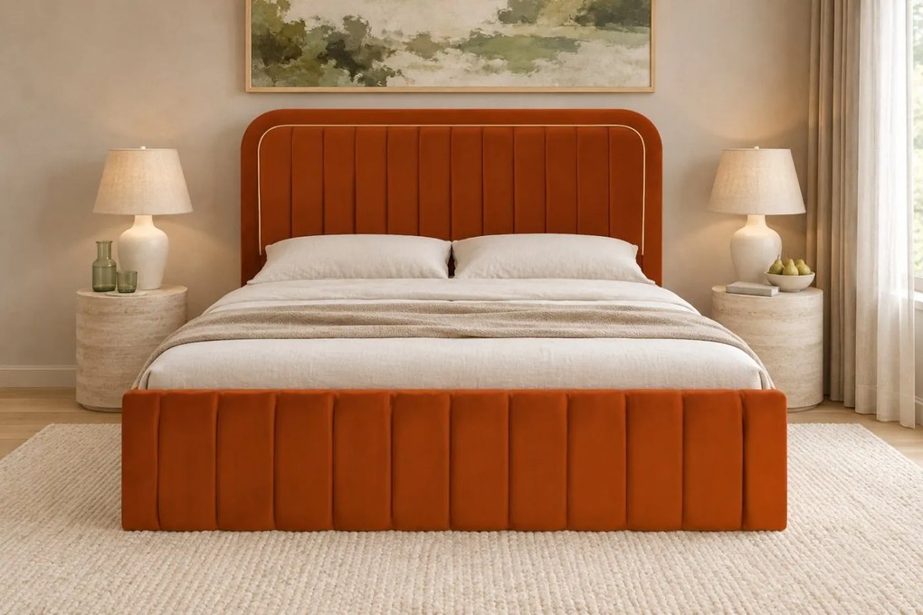 Pat tapițat din catifea Solen 160×200 cm, cărămiziu, cu ladă de depozitare
