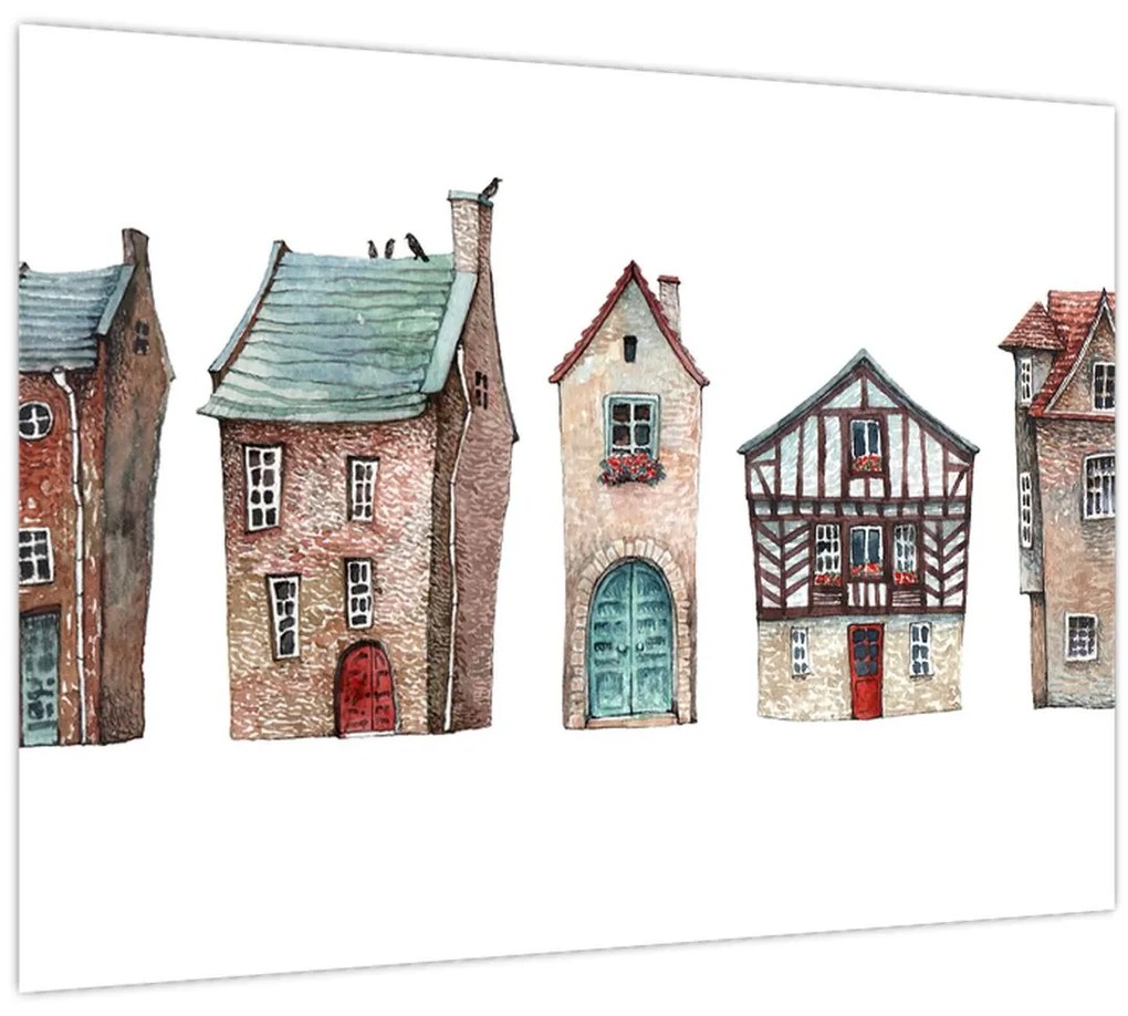 Tablou pe sticlă - Case în acuarelă (70x50 cm)