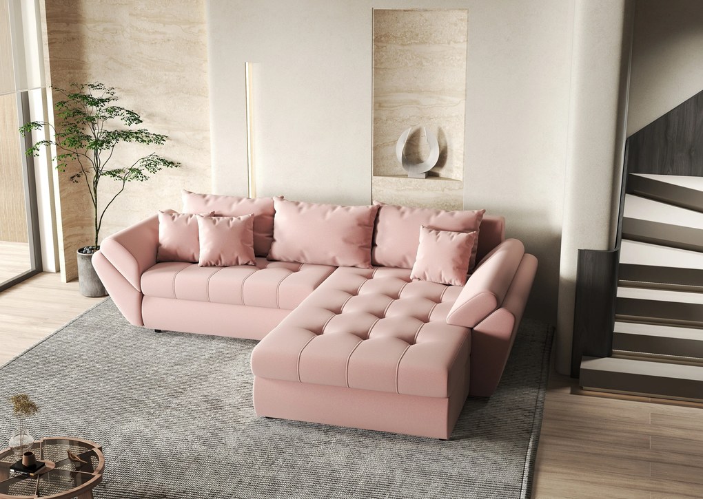 Colțar extensibil dumonde cu ladă de depozitare si sezut confortabil din spuma high-density, Loana Royal Pink II 270x185 cm