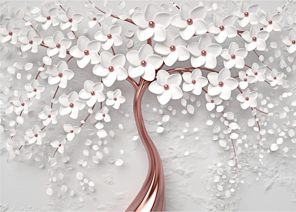 Tablou pe sticlă - Imaginea copacului alb cu flori albe, rosegold (70x50 cm)