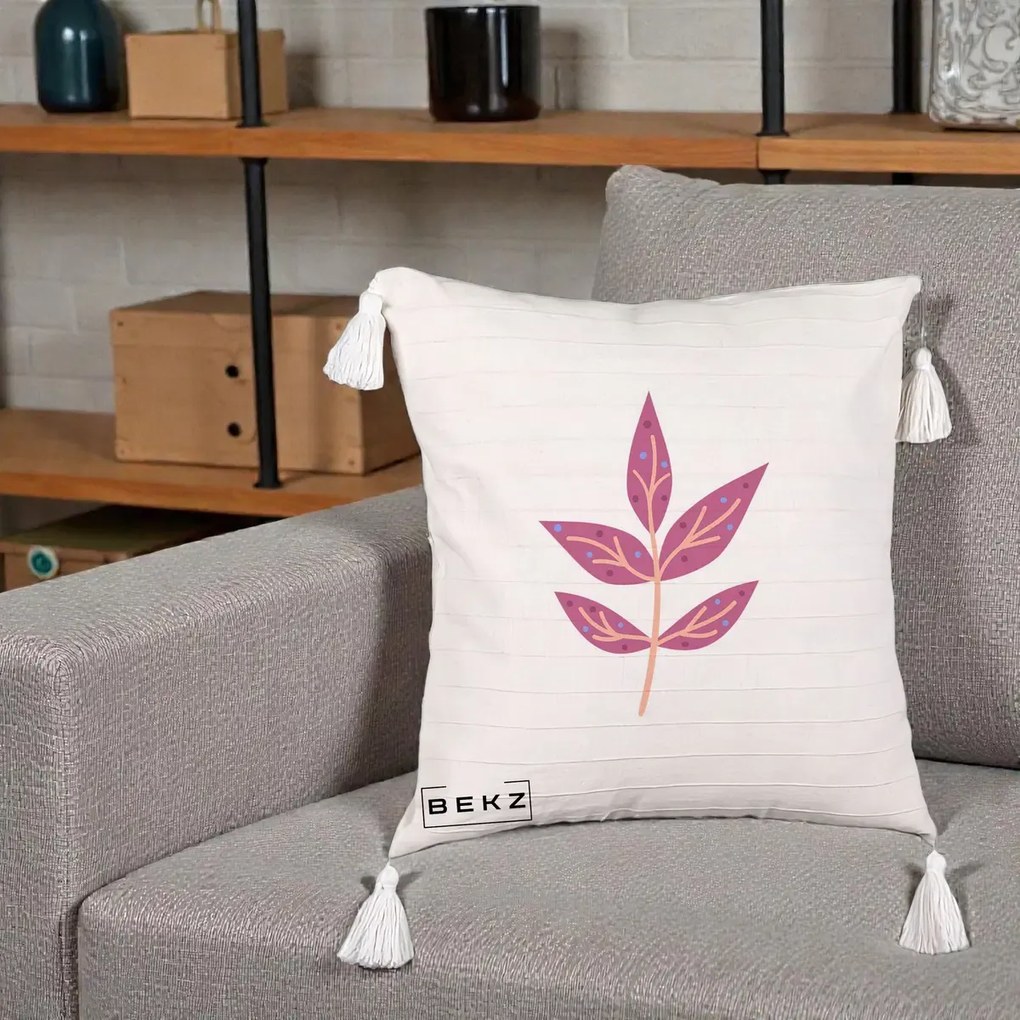 Perna Decorativa Ramura Botanica Mov, 40x40 cm, Bej cu Franjuri, Husa Detasabila, Perna Inclusa, BEKZ®