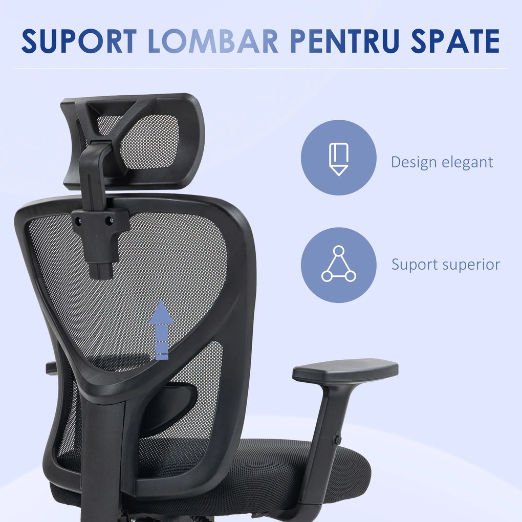 Vinsetto Scaun Birou Ergonomic, Scaun Ergonomic cu Suport Lombar si Tetiera, 66x61x106-116cm Negru | Aosom Romania