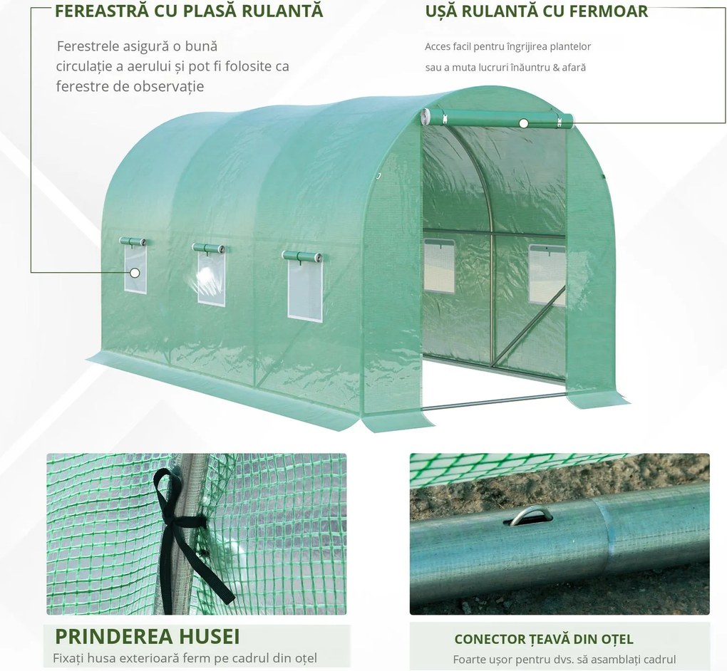 Outsunny Seră de Grădină Tunel 8 m² 4L x 2l x 1,9H m Oțel galvanizat renforțat diametru 2,4 cm + Polietilenă cu densitate ridicată ferestre ușă Verde | Aosom Romania