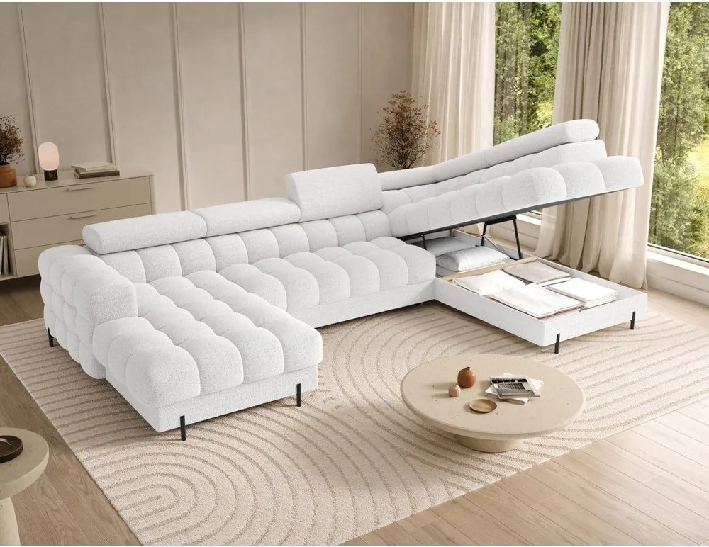 Colțar crem extensibil cu tapițerie din țesătură bouclé (cu colț pe partea dreaptă/în formă de "U") Feraria – ELTAP