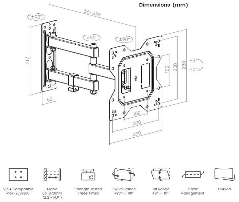 Suport TV Crown WM30K2343TL, 23-43", Până la 30 kg, Negru
