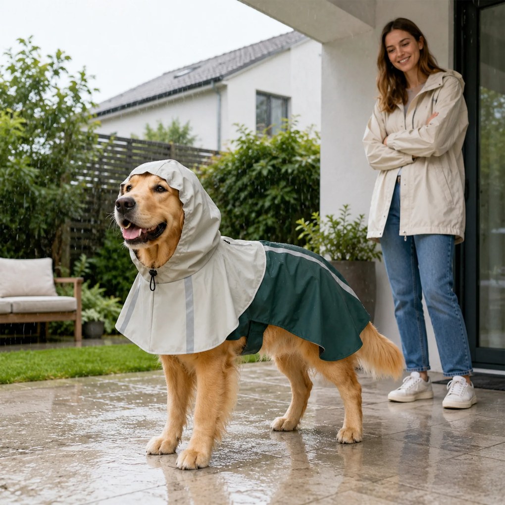 PawHut Impermeabil pentru Câini cu Glugă Orificiu pentru Lesă și Benzi Reflectorizante, pentru Câini Talie Mare, Verde | Aosom Romania