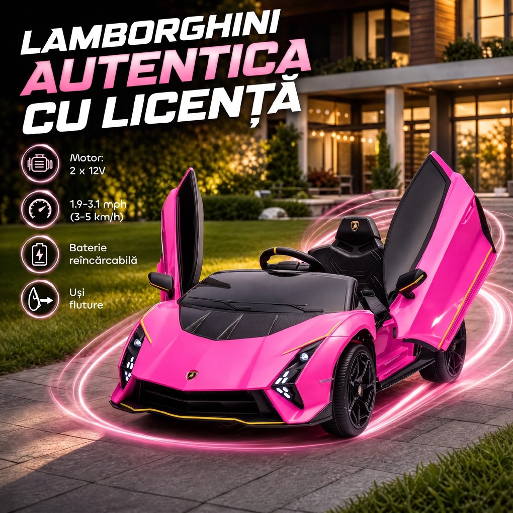AIYAPLAY Mașină Electrică pentru Copii 3-6 Ani 12V Lamborghini Autentica, 2 Motoare, Uși Tip Foarfecă, Suspensii, Roz | Aosom Romania