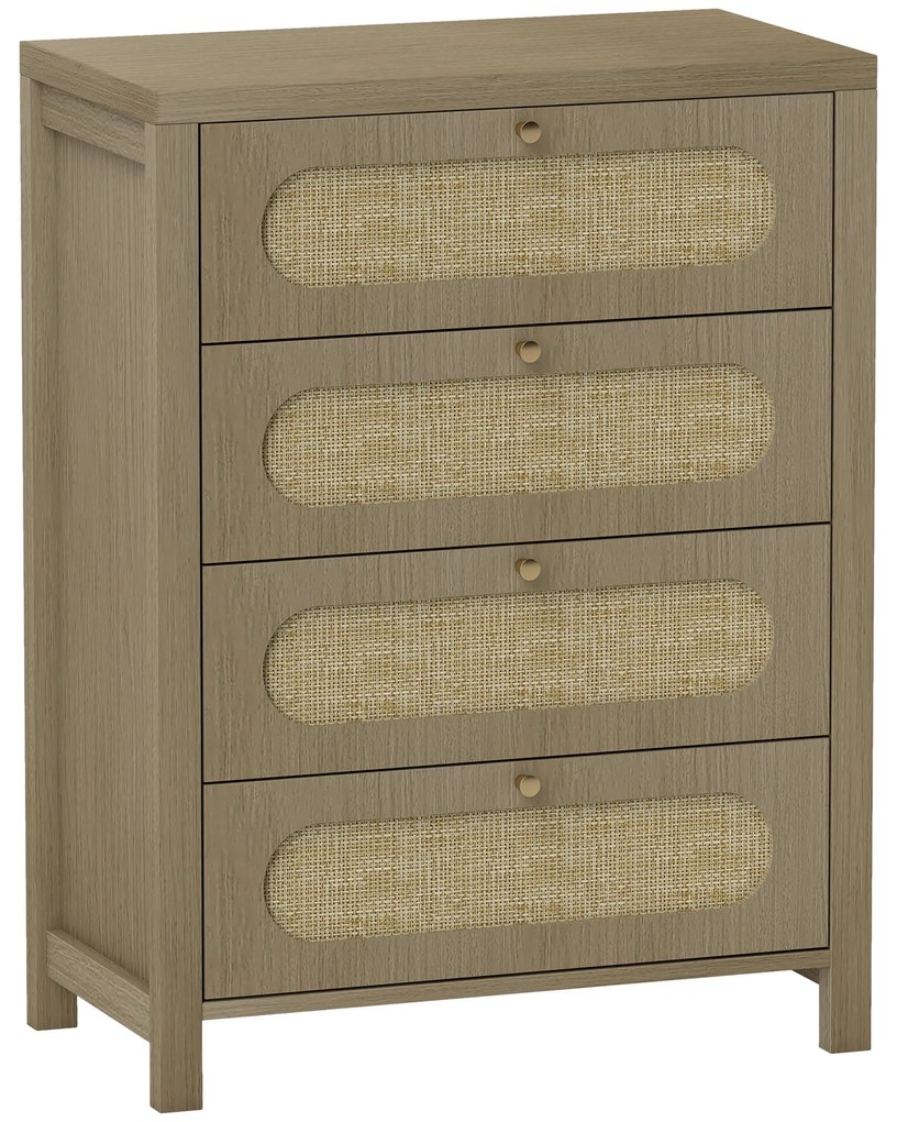 HOMCOM Comodă 4 sertare mobilier de depozitare stil boemian cu uși din răchită, 70 x 38 x 93 cm, efect lemn natural | Aosom Romania