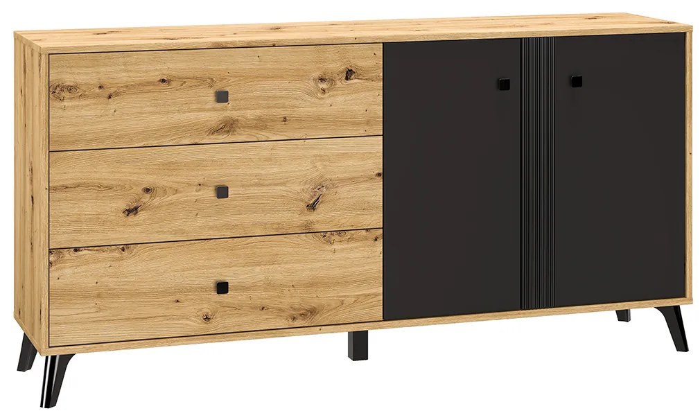 Comoda cu 3 sertare si 2 usi, stejar artisan negru, 165x83x40 cm, modern ,model pe mijloc usa, picioare negre , pentru living , dormitor, hol stejar