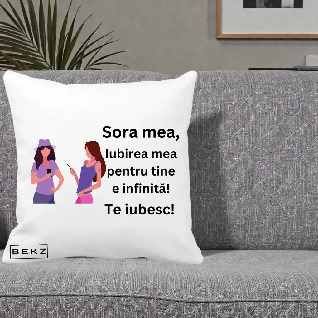 Cadou pentru Sora - Perna Personalizata Sora Mea Te Iubesc Doua Fete cu Telefoane, 40x40 cm, Alba Mata, Husa Detasabila, Perna Inclusa, BEKZ®