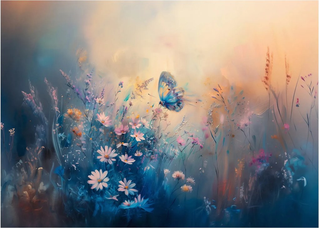 Tablou pe sticlă - Pajiște cu Fluture (70x50 cm)