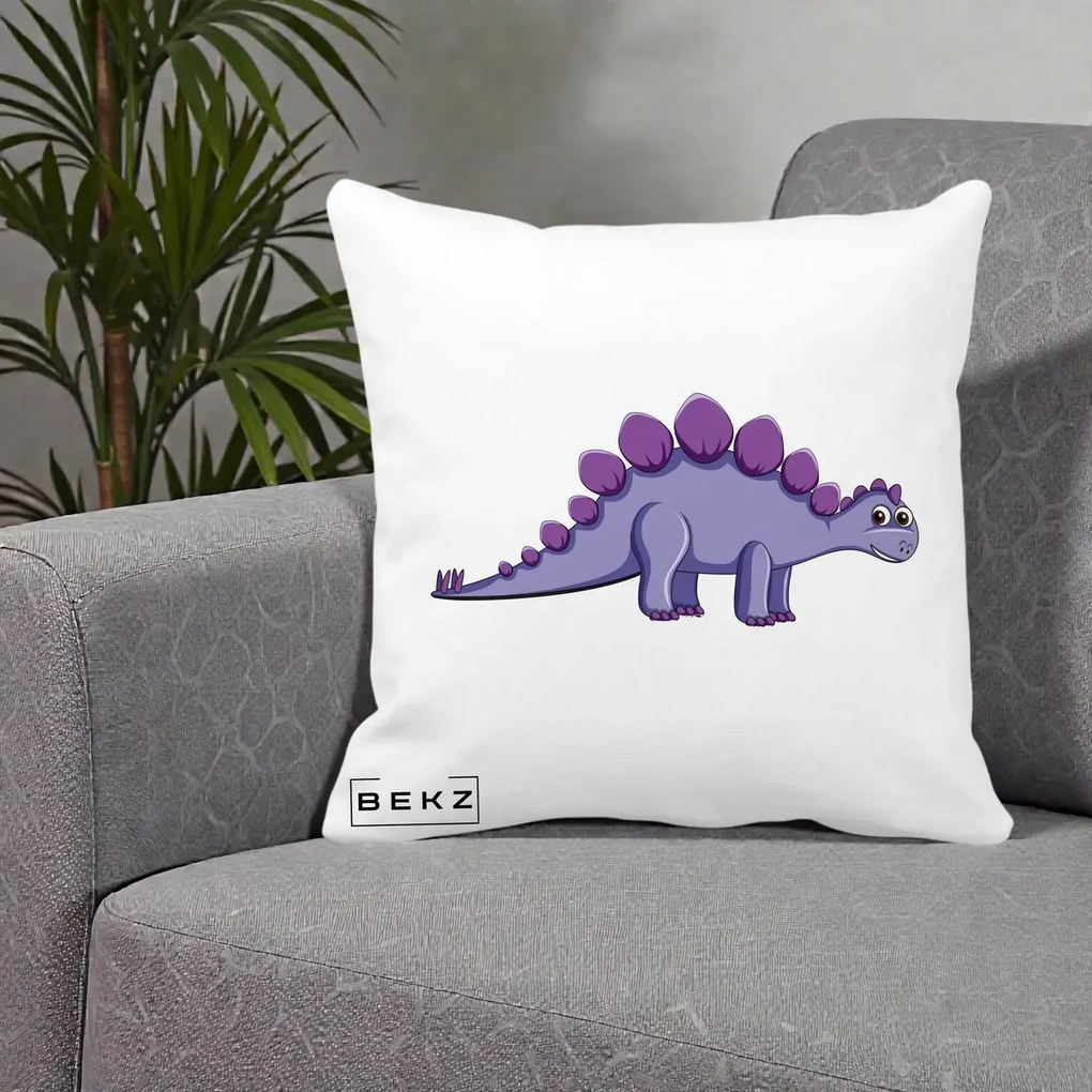 Perna Personalizata Stegozaur Mov, 40x40 cm, Alba Mata, Husa Detasabila, Perna Inclusa, BEKZ®
