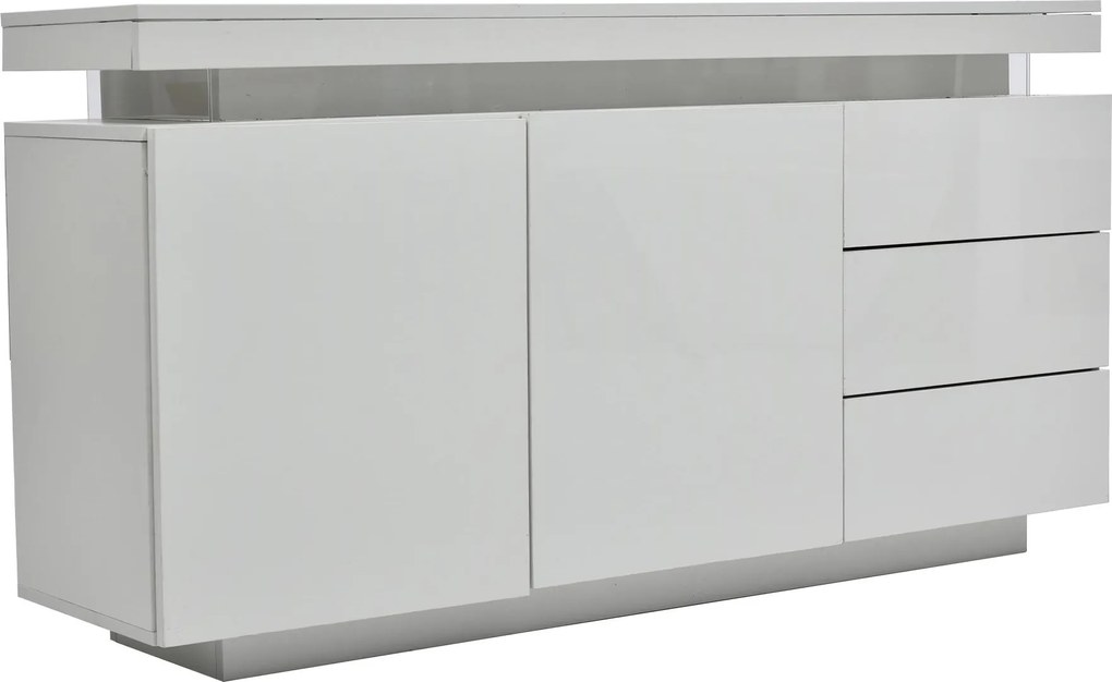 Comodă modernă cu finisaj lucios, fronturi fără mânere, 2 uși și 3 sertare, 140x35x72,5 cm, Alb