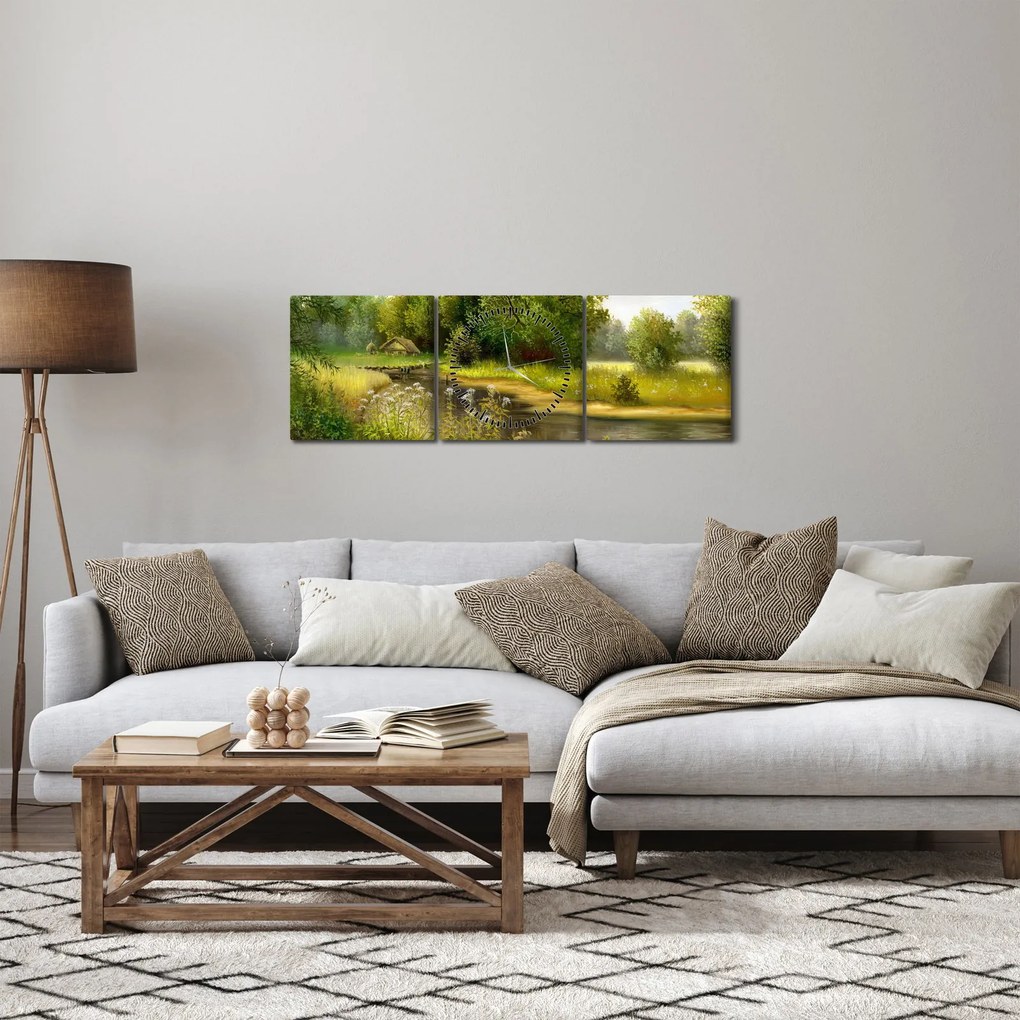 Tablou - Râu lângă pădure, pictură în ulei (cu ceas) (90x30 cm)