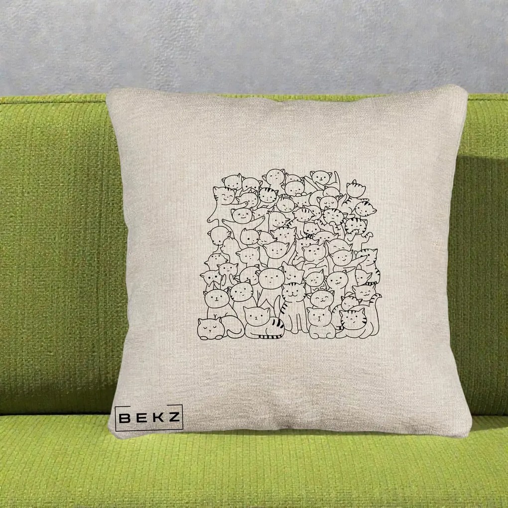 Perna Personalizata Many Cats Pattern Alb-Negru, 40x40 cm, Bej Canapea, Husa Detasabila, Perna Inclusa, BEKZ®