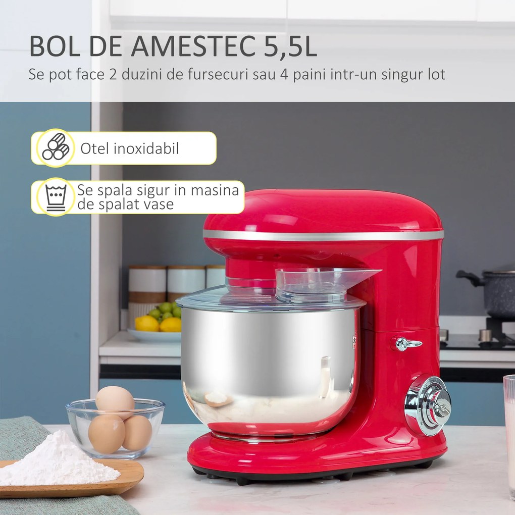 Mixer planetar HOMCOM cu 6 viteze de 1200W, cu bol 5.5l, carlig framantare si 2 teluri, rosu | Aosom RO