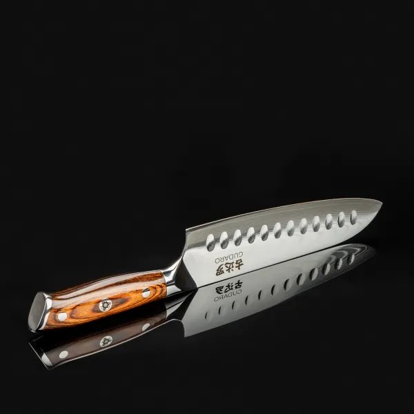 Gudaro - Cuțit de bucătărie Santoku din oțel Damasc FENG 7,5", cu 67 de straturi de oțel, lungime 18 cm