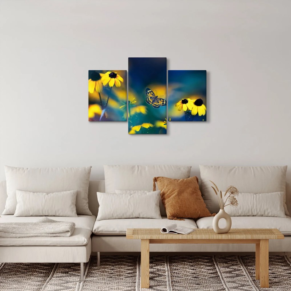 Tablou - Fluture galben și flori (90x60 cm)