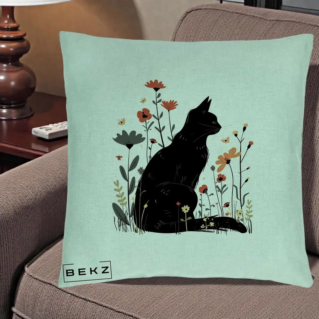 Perna Decorativa Pisica Neagra Profil Flori Portocalii, 40x40 cm, Verde Menta, Husa Detasabila, Perna Inclusa, BEKZ®