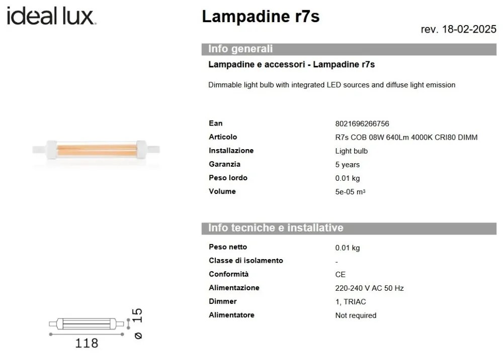 Bec LED dimabil, R7S cob 08W 640lm 4000K cri80