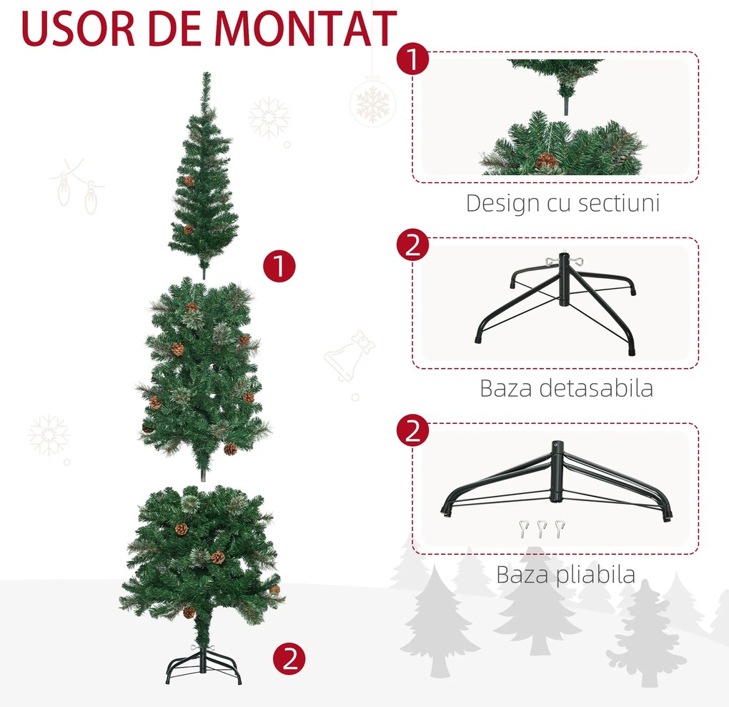 Pom de Craciun artificial 165cm cu ramuri realiste si 27 de conuri de pin, decor de Craciun, verde HOMCOM | Aosom RO